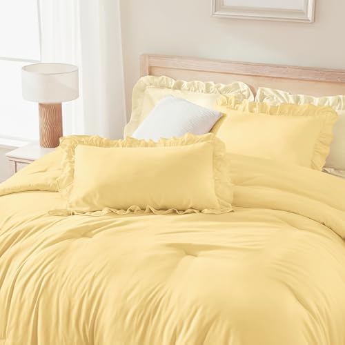 Andency Yellow King Size Comforter Set, 3 Pieces Solid Farmhouse Bedding