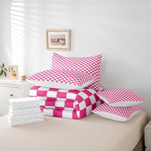 jejeloiu Pink White Bedding Set 7Pcs Full Size Kids Plaid Checkered Comforter Set with Sheets for Boys Girls Classic Grid Buffalo Check Bed in a Bag Soft Lightweight,Microfiber