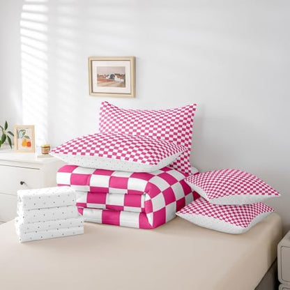 jejeloiu Pink White Bedding Set 7Pcs Full Size Kids Plaid Checkered Comforter Set with Sheets for Boys Girls Classic Grid Buffalo Check Bed in a Bag Soft Lightweight,Microfiber
