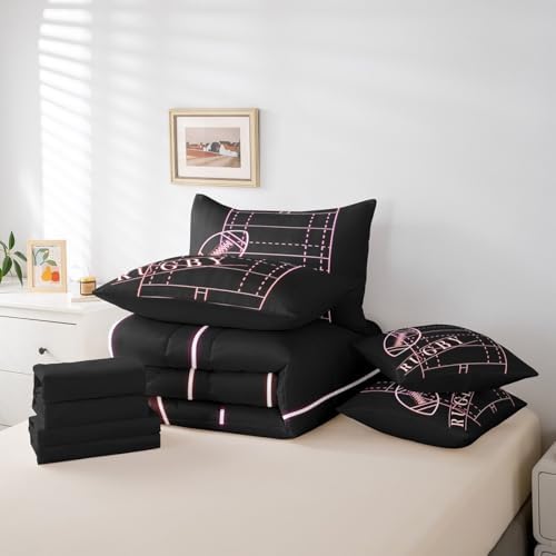 Soccer Bedding King Size 7-Piece for Girls Room Sport Comforter Set, Glowing Football Field Bedding Comforter Sets Sports Gamer Bed in a Bag, Gradient Neon Pink Bedding Accessories (Black Reversible)