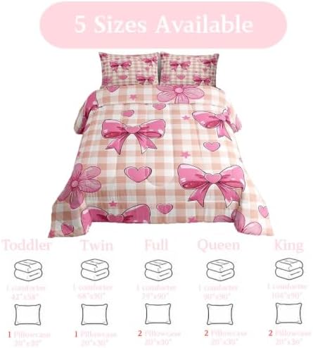 jejeloiu Checkerboard Bowknot Bedding Set Soft for Boys Girls, Pink Bow Comforter Set King Size Plaid Duvet Quilt Microfiber Bedroom Decor 3 Pcs with 2 Pillow Cases