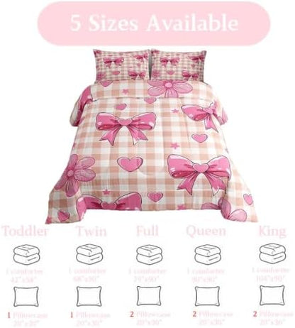 jejeloiu Checkerboard Bowknot Bedding Set Soft for Boys Girls, Pink Bow Comforter Set King Size Plaid Duvet Quilt Microfiber Bedroom Decor 3 Pcs with 2 Pillow Cases