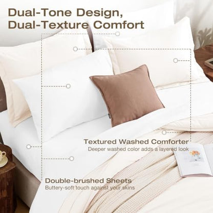 Sasttie Queen Comforter Set 7-Piece Ivory, Pre-Washed Bed in a Bag