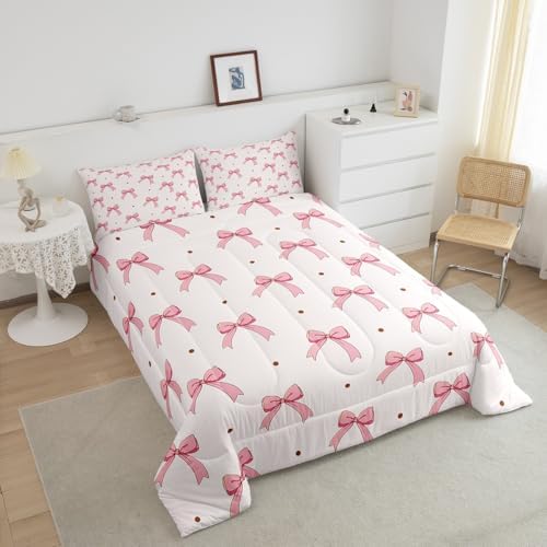 Feelyou Pink Bow Bedding Set for Kids Girls Woman Toddler Size Cute Coquette Bow Knot Comforter Set Ultra Soft Girly Comforter Bowknot Duvet Quilt Bedroom Decor Bow Decor Quilt