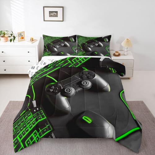 Feelyou Gamer Comforter Set All Season Gaming Bedding Set with 2 Pillow Cases Game Room Decor Microfiber Kids Full Bedclothes Gamepad Bedroom Decor Green Duvet Quilt Breathable Soft Lightweight