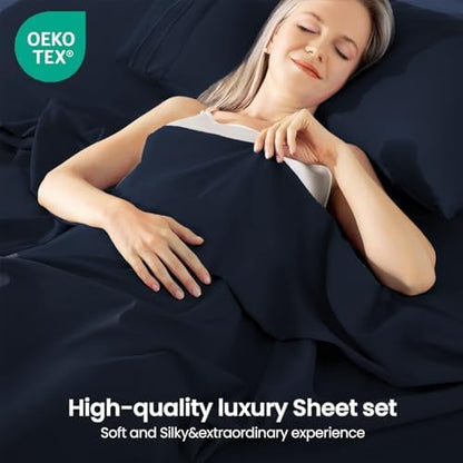 ROSE&RISY Navy Queen Sheet Set, 4 Pieces Soft Bedding King Sheet Set, Breathable and Cooling Sheet Bed Set, Includes 1 Fitted Sheet, 1 Flat Sheet, 2 Pillowcases - Deep Pocket (Navy, Queen Size)