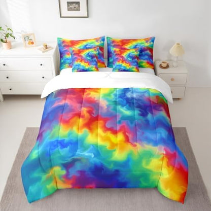 Erosebridal Tie Dye 7 Piece Bedding Set Twin Rainbow Comforter Set with Sheets Pastels Bed in A Bag Kids Girls Women Colorful Bed Sets with 2 Pillowcases, 2 Throw Pillow Covers
