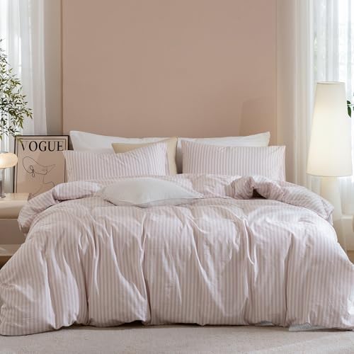 JIYUAN Full Washed Cotton Duvet Cover Set, 3-Piece, Linen-Like Stripe