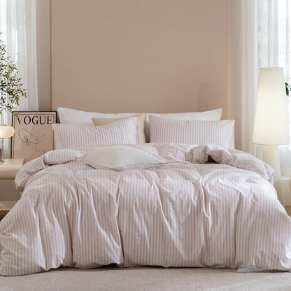 JIYUAN Super Queen Washed Cotton Duvet Cover Set Linen-Like Stripe