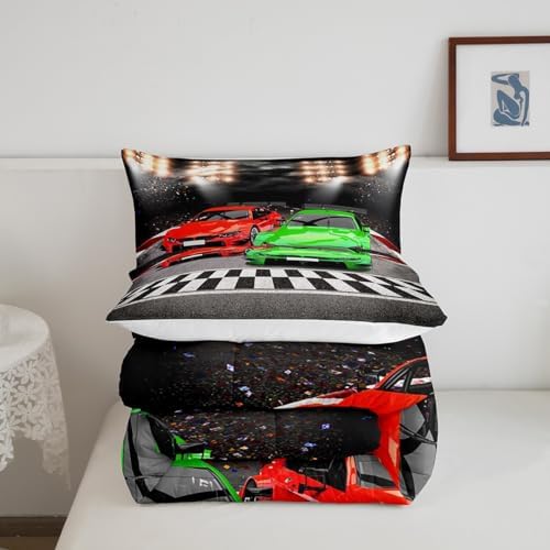 Feelyou Sports Car Comforter Full Size Decor Red Green Race Car Comforter Set for Kids Boys Racing Car Bedding Set Extreme Sports Competitive Quilt Set Room Decorations