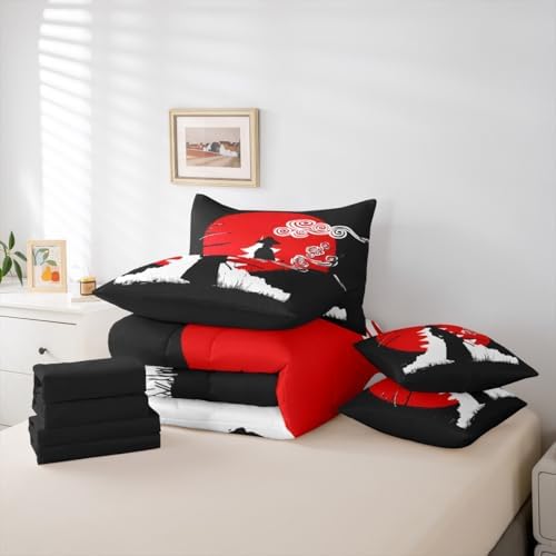 Erosebridal Samurai Comforter Set Sunset Print Bed in A Bag Queen Size 7 Pieces Japanese Ukiyoe Bed Set Room Decor Building Silhouette Bedding with Sheets