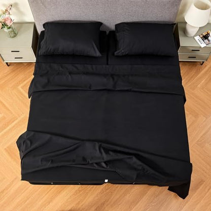 Kingnex 32-34 Split Top King Sheets Sets for Adjustable Bed with Straps Soft 1800 Microfiber Breathable 4 Pcs Flex Head King Bedding Set Black