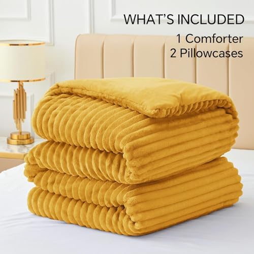 BEDELITE Fleece California King Comforter Set, Fluffy Bed Set, Mustard