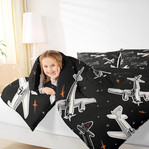 Erosebridal Boys Cartoon Airplane Twin Comforter Set, Black and White Bedding Set, Modern Aircraft Comforter, Aviation Theme Duvet Insert with 1 Pillowcase for Kids Men Bedroom Decor, 2 Pcs