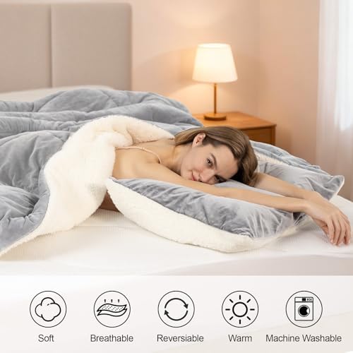 Fluffy Sherpa Queen Comforter Set, Thick Bedding Set 3 Pieces, Light Grey