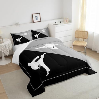 Castle Fairy Taekwondo Comforter Set,Japanese Sports Bedding Set for Kids Girls Women,Adults Black Gray White Comforter,Kungfu Quilted Duvet Set Bedroom Collection Twin Size 2Pcs