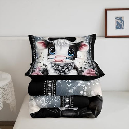 Feelyou Kids Cute Highland Cow Comforter Set Full Size Bowknot Highland Cattle Bedding Set Boys Girls Flowers Floral Pattern Quilt Set Western Farmhouse Animal Bed Set
