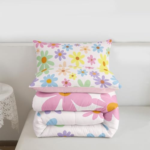 jejeloiu Cute Flower Kids Comforter Set Toddler Size Cartoon Floral Bedding Set Kawaii Duvet Quilt for Kids Boys Girls Bedroom Blossom Flowers Pattern Decor Microfiber Ultra Soft Breathable