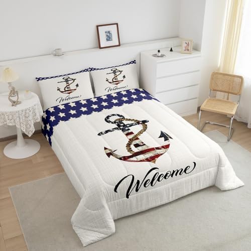 Castle Fairy American Flag Anchor Comforter Set Twin Size,Geometric Star Stripe Bedding 2pcs for Kids Teens Boys Room Decor,Nautical Adventure Quilt Vintage White Duvet Insert,1 Pillowcase Anchor 6