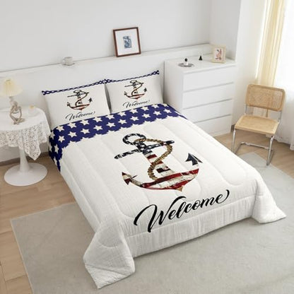 Castle Fairy American Flag Anchor Comforter Set Twin Size,Geometric Star Stripe Bedding 2pcs for Kids Teens Boys Room Decor,Nautical Adventure Quilt Vintage White Duvet Insert,1 Pillowcase Anchor 6