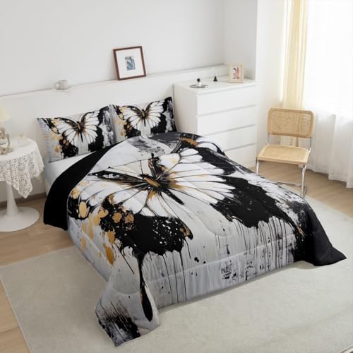 jejeloiu Butterfly Comforter Set King Size Kids Oil Painting Bedding Set for Boys Girls Teens Black White Duvet Breathable Animal Quilt Bedroom Decor,1 Comforter with 2 Pillowcase