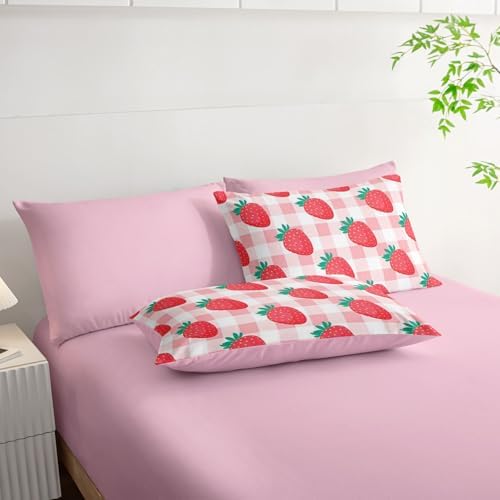 7Pcs Comforter Set Cartoon Strawberry Pink White Checkered Printed Bedding Set with 1 Comforter,1 Flat Sheet,1 Fitted Sheet,4 Pillowcases Bedroom All Season(Full)