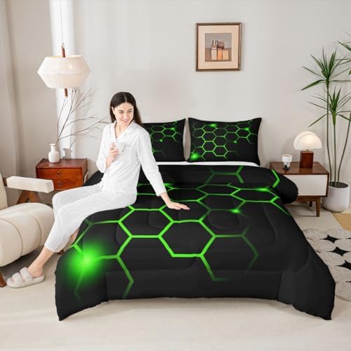 Feelyou Hexagonal Comforter Set Geometric Honeycomb Bedding Set for Kids Adults Neon Green Black Comforter Modern Hexagon Beehive Quilt Set Ultra Soft Room Decor Queen Size Bedroom Collection 3Pcs