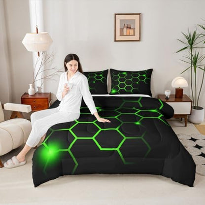 Feelyou Hexagonal Comforter Set Geometric Honeycomb Bedding Set for Kids Adults Neon Green Black Comforter Modern Hexagon Beehive Quilt Set Ultra Soft Room Decor Queen Size Bedroom Collection 3Pcs