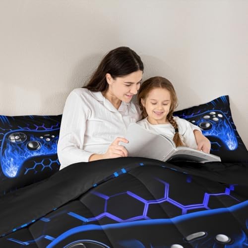 Erosebridal Ombre Art Honeycomb Gaming Comforter Sets for Boys Blue Neon Lights Game Consoles King Bedding Set Geometry Hexagon Beehive Bed Set Gamer Decor for Boys Bedroom Decor
