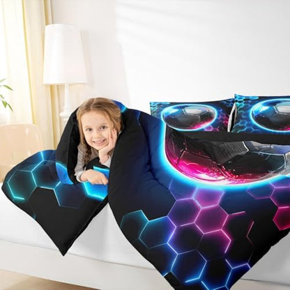 Erosebridal Boys Soccer Kids Bedding | Geometric Honeycomb Comforter Sets King,Colorful Neon Lights Comforter Hexagon Sports Gamer Duvet Insert with 2 Pillow Cases