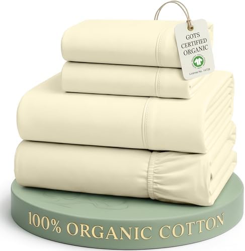LANE LINEN Full Sheets 100% Organic Cotton 4pc Percale Cooling - Vanilla