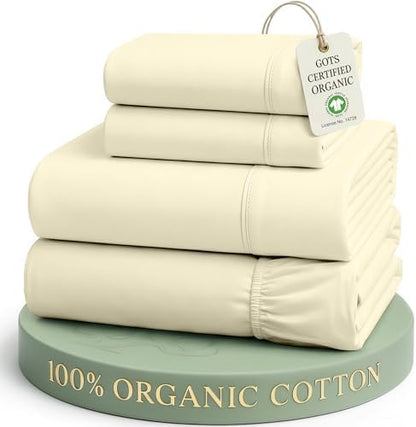 LANE LINEN Full Sheets 100% Organic Cotton 4pc Percale Cooling - Vanilla