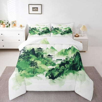 Chinese Style Bedding Set Full Size,Oriental Culture Ink Painting Comforter Set for Kids Girls Boys Adults Room Decor,Tie Dyeing Watercolor Duvet Insert 3Pcs,Mountain Tree Quilt Set,2 Pillowcases