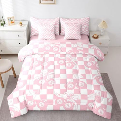 Erosebridal Pink Fashion Y2K Twin Bedding Set 7 Piece For Girls Room Decor,Girly Coquette Bowknot Comforter Set For Kids Teen Women,Cherry Lucky 8 Ball Bed In A Bag With Sheets Cute Pink Plaid Bed Set