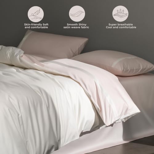 Full Size Duvet Cover, 100% Egyptian Cotton,1600 Thread Count, Reversible Duvet Cover, Soft and Breathable Satin Bedding Set, All Seasons (Heather Pink and White, 80"x90")