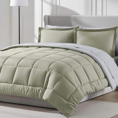 Nestl 9 Piece Full Comforter Set – Light Sage Reversible Bed in a Bag – Complete Full Size Bedding Set with Sheets, Set of 2 Cooling Pillows, Pillowcases and Shams