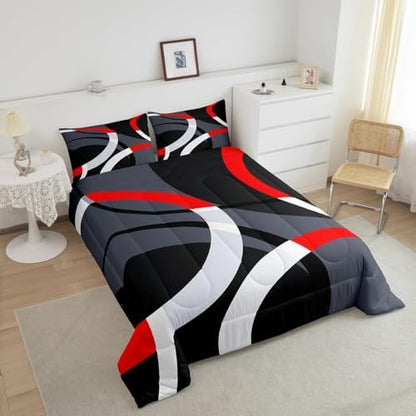 Feelyou Geometric Circle Comforter Set Red Grey and Black Comforter for Kids Boys Girls Teens Bedding Set Breathable Abstract Art Duvet Modern Luxury Room Decor Quilt Twin Size