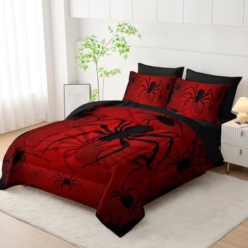 Boys Spider Printed Comforter Set Bed in A Bag QUEEN Size 7PCS Red Bedding Set Cool Black Spider Comforter Set ,Bed Sheet Set Spider Decor For Girls Boys Kids,Microfiber Lightweight All Season