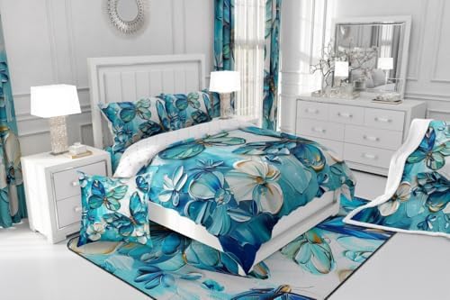 jejeloiu Teal Blue Butterfly Comforter Set Toddler Size Kids Oil Painting Bedding Set for Boys Girls Teens Boho Butterfly Duvet Breathable Animal Quilt Bedroom Decor,1 Comforter with 1 Pillowcase