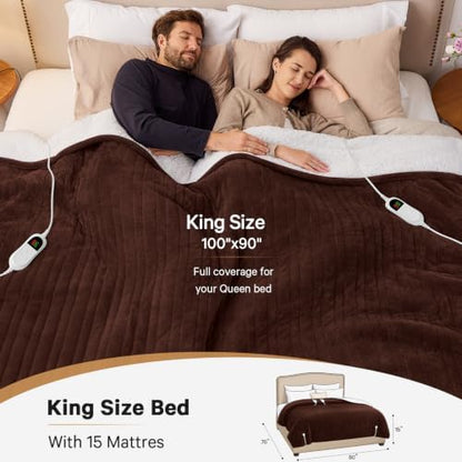 Heated Electric Blanket King Size, Dual Control, 90" x 100", Coffee