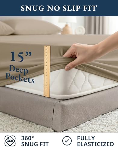 LANE LINEN Eco Friendly 100% Organic Cotton Sheets Queen Size, Naturally Cooling Percale Weave, Soft & Comfy Long Staple Mercerized Machine Wash Low Pill Fade Resistant Bed Sheets Queen Taupe