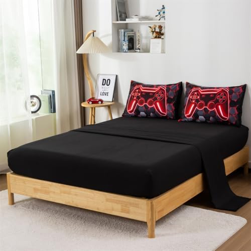 NTBED 3D Gaming Comforter Set for Boys Kids Teens,5pcs Gamer Bedding Sets with Sheet,Game Console Bed in a Bag (Red, Full)