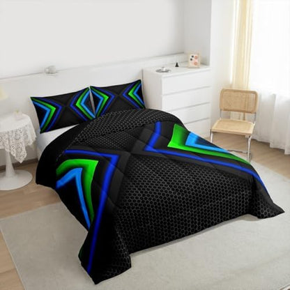 Geometric Comforter Set,Blue and Black Bedding Set for Kids Girls Women,Adults Modern Hexagon Comforter,Fashion Quilted Duvet Set Bedroom Collection Twin Size 2Pcs
