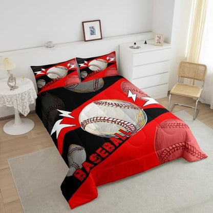 Erosebridal Baseball Twin Bedding Sets for Boys Girls Kids Baseball Comforter Set Bedroom Decor,Sports Comforter Sets for Boys Teen Ball Games Bed Quilt Set 2Pcs,Red Black