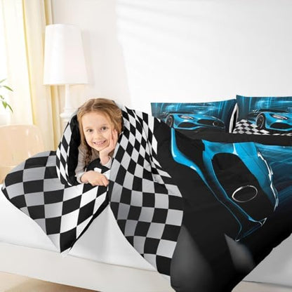 Erosebridal Teal Race Car Queen Comforter Set for Children Boys,Glitter Ombre Line Art Bedding Set Neon Light Sports Car Dashboard Quilt,Black and White Grid Lattice Buffalo Plaid Decor