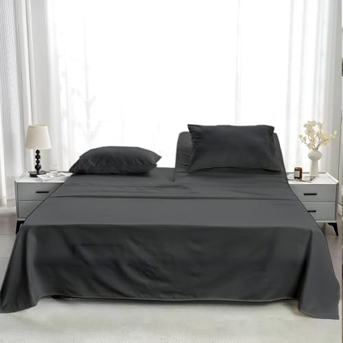 NON Sticky cotton 4 Piece Head Flex King Fitted Sheet Set for Sleep Number Adjustable Bed, 100% Long Staple Cotton Bed Sheets, 34" Top Split, Fits 18" Deep Mattress, 78" X 80", Dark Grey Solid