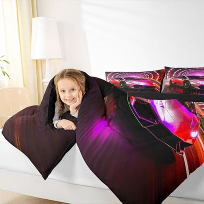 Feelyou Boys Sports Car Comforter Set Queen Size Pink Racing Car Bedding Set for Kids Boys Girls Extreme Sports Duvet Quilt Automobile Bedroom Decor Microfiber 3 Pcs with 2 Pillow Cases