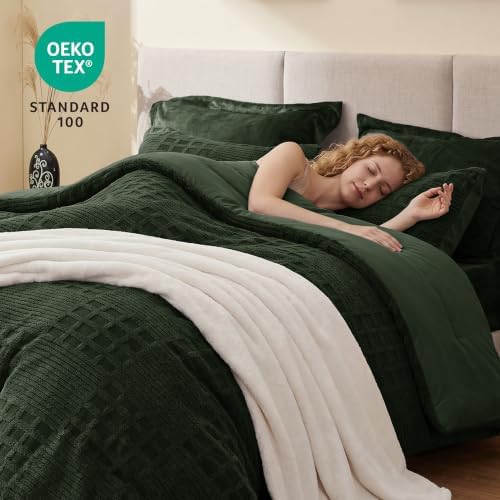 EXQ Home Waffle Fluffy Comforter Set King Size - Olive Green