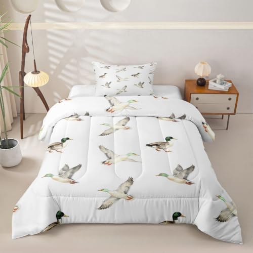 Feelyou Mallard Duck Bedding Set Soft for Boys Girls, Hunting and Fishing Comforter Set Twin Size Wild Animal Duvet Quilt Microfiber Wildlife White Bedroom Decor 2 Pcs with 1 Pillow Cases
