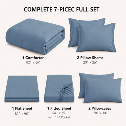 HIMEET Full Comforter Set, 7-Piece Point-Quilted Bed in a Bag, Grayish Blue